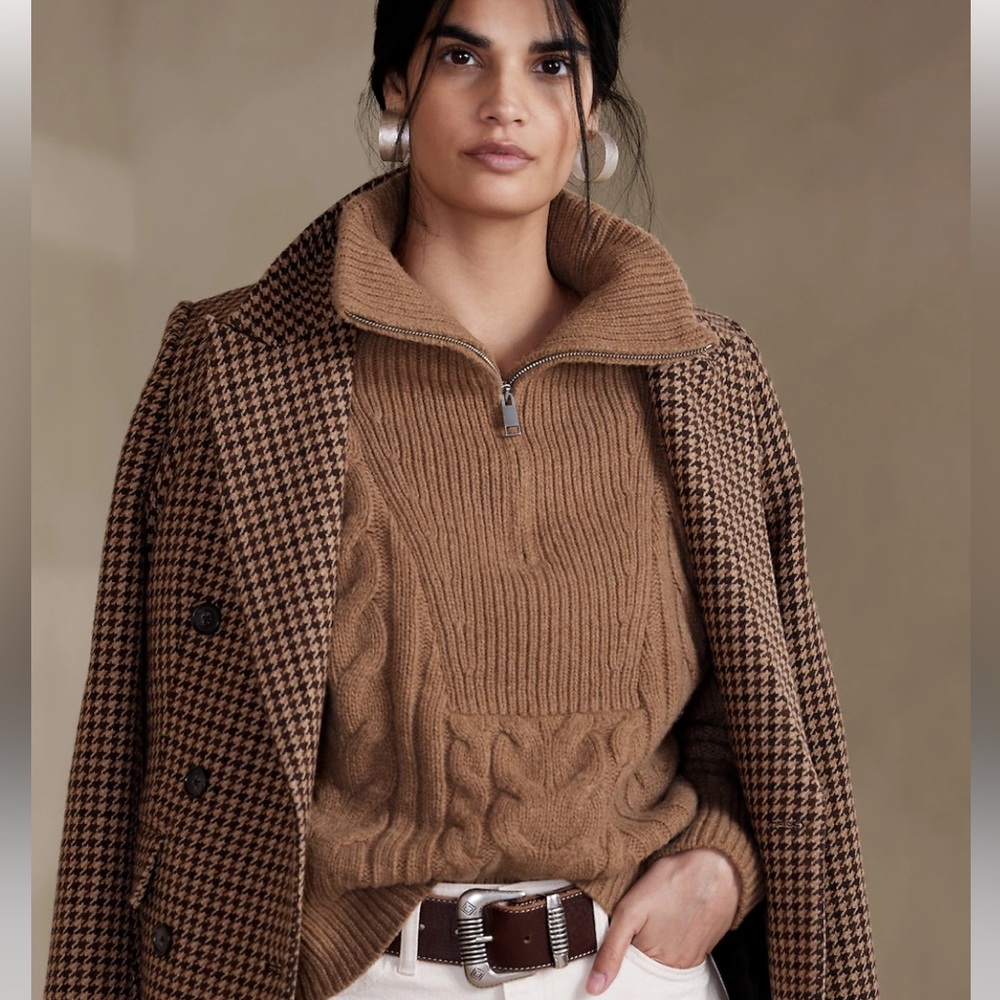 Banana Republic Camel Brown Cable-Knit Half-Zip Sweater